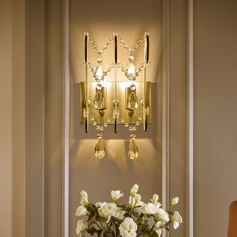 BowLift | 2-Light Crystal Strand Wall Lamp Contemporary Silver Bar Bedroom Wall Mount Light