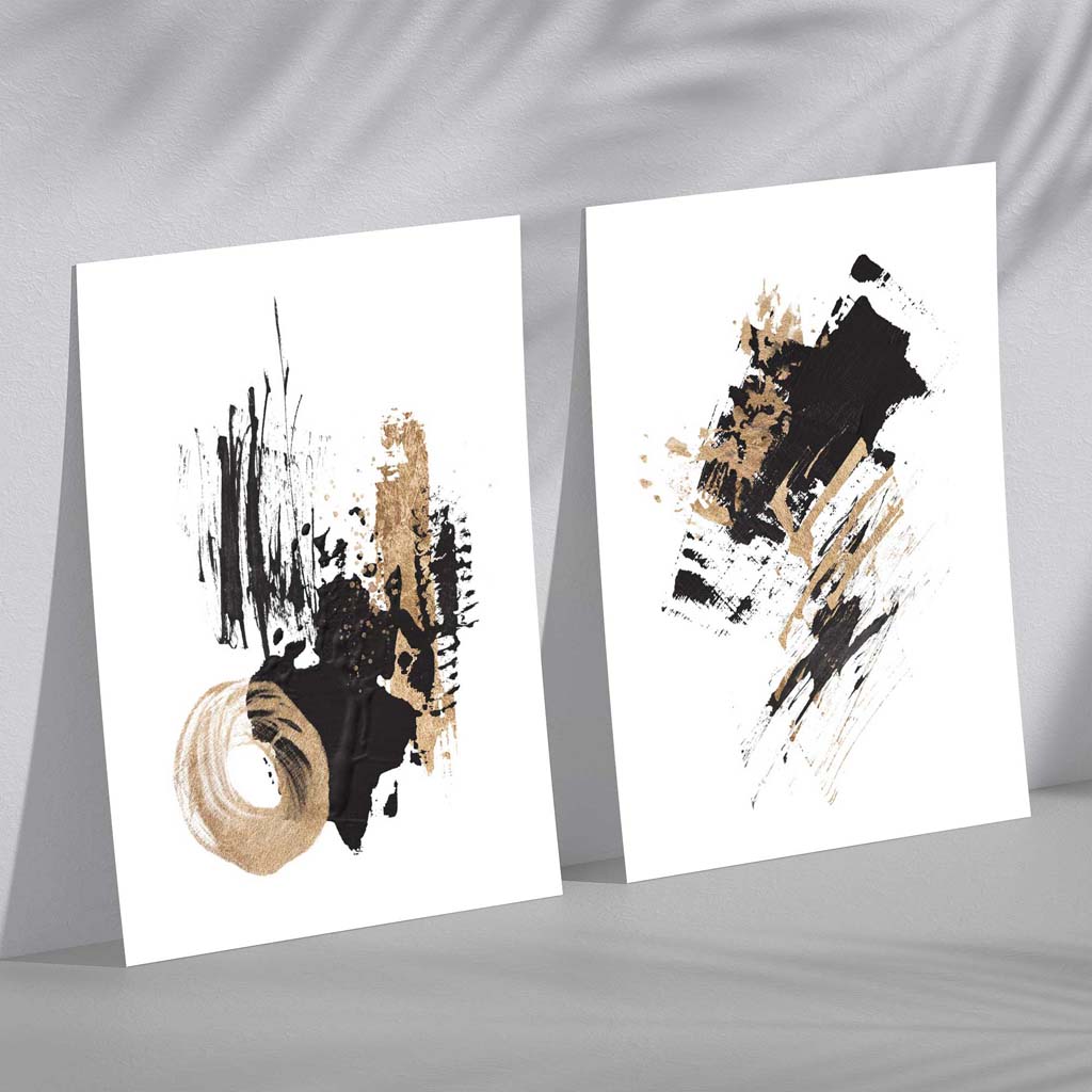 Black and Gold Abstract Oil Strokes Set of 2 Art Prints | Bowlift