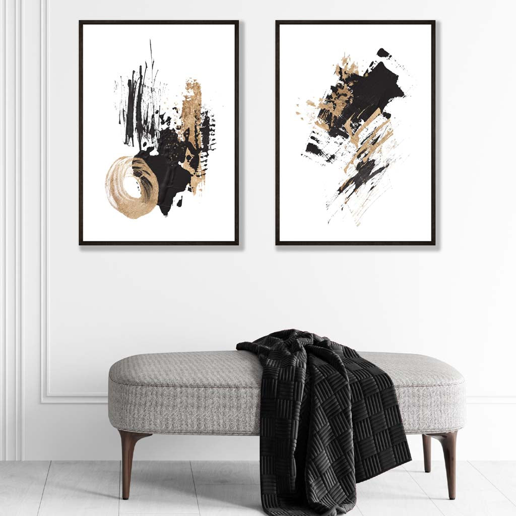 Black and Gold Abstract Oil Strokes Set of 2 Art Prints | Bowlift