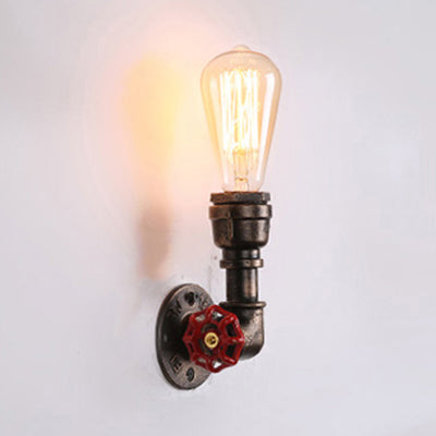 BowLift | Metallic Bronze Wall Lamp with Pipe Shade 1 Head Vintage Industrial Wall Light with Red Valve Decor