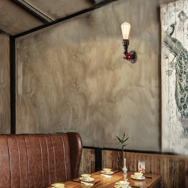 BowLift | Metallic Bronze Wall Lamp with Pipe Shade 1 Head Vintage Industrial Wall Light with Red Valve Decor
