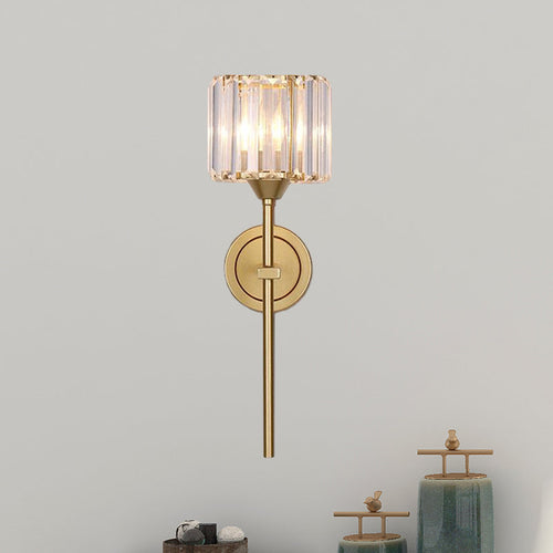 BowLift | Simplicity Cylindrical Wall Lamp 1 Head Clear Crystal Block Wall Lamp in Gold with Pencil Arm