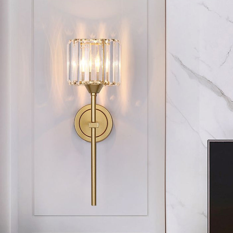 BowLift | Simplicity Cylindrical Wall Lamp 1 Head Clear Crystal Block Wall Lamp in Gold with Pencil Arm
