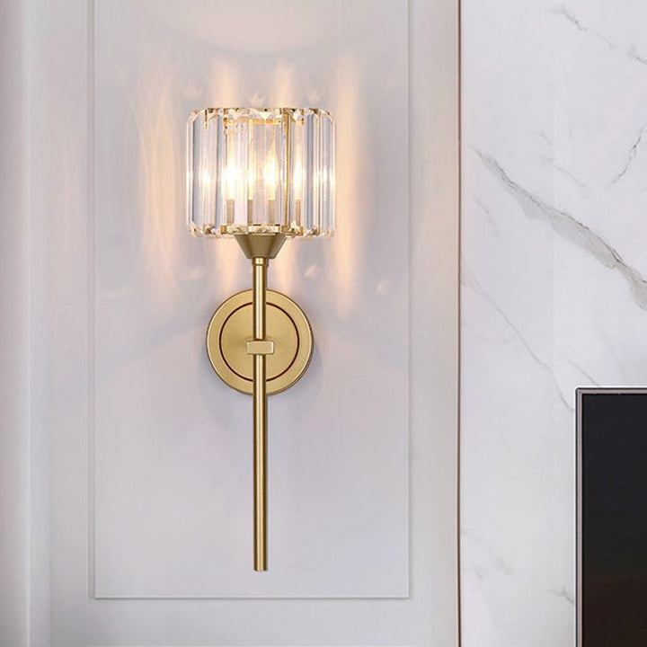 BowLift | Simplicity Cylindrical Wall Lamp 1 Head Clear Crystal Block Wall Lamp in Gold with Pencil Arm