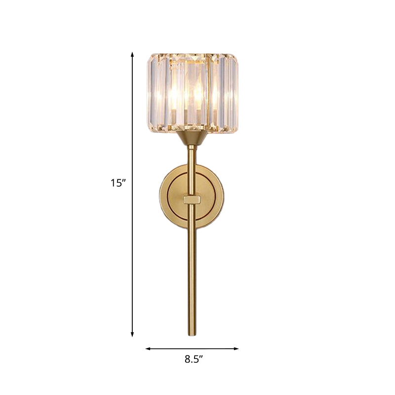 BowLift | Simplicity Cylindrical Wall Lamp 1 Head Clear Crystal Block Wall Lamp in Gold with Pencil Arm