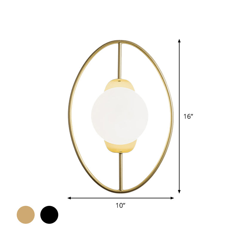 BowLift | Metal Halo Ring Wall Light Minimalist 1 Head Black/Gold Finish Wall Lamp with Sphere White Glass Shade