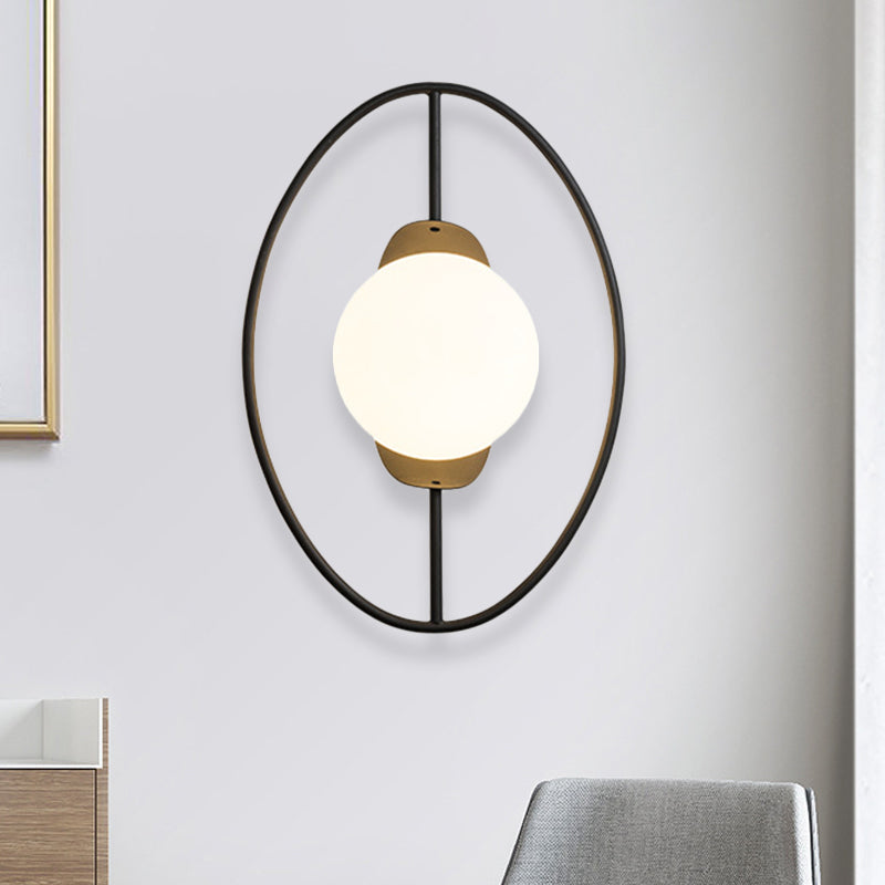 BowLift | Metal Halo Ring Wall Light Minimalist 1 Head Black/Gold Finish Wall Lamp with Sphere White Glass Shade