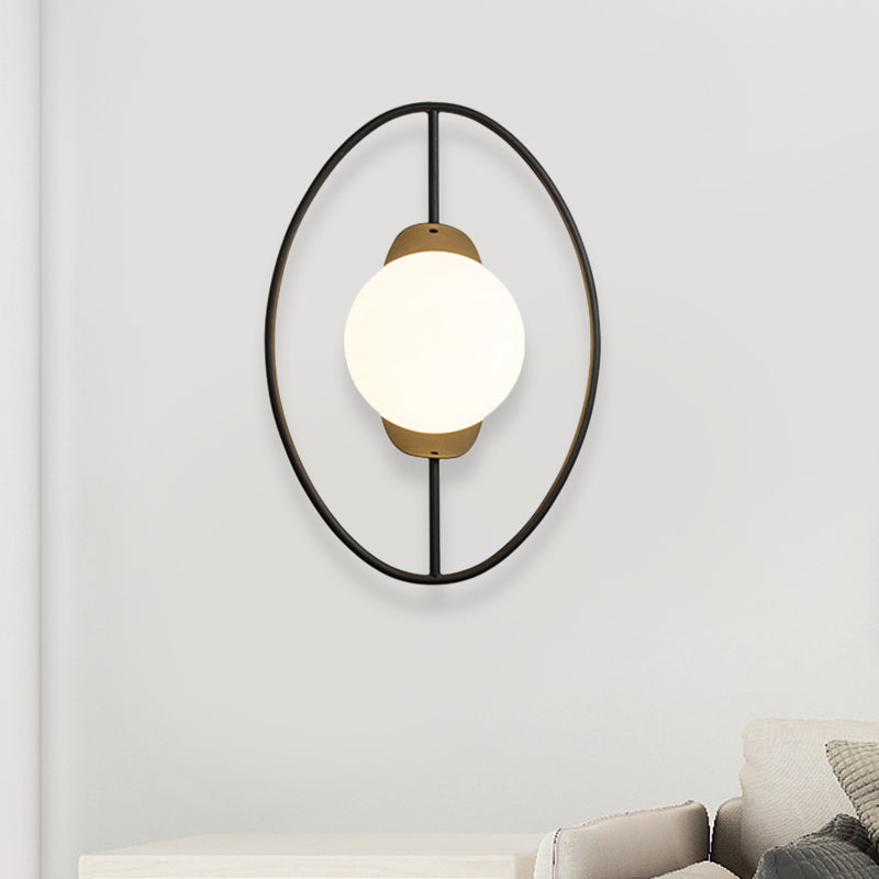 BowLift | Metal Halo Ring Wall Light Minimalist 1 Head Black/Gold Finish Wall Lamp with Sphere White Glass Shade