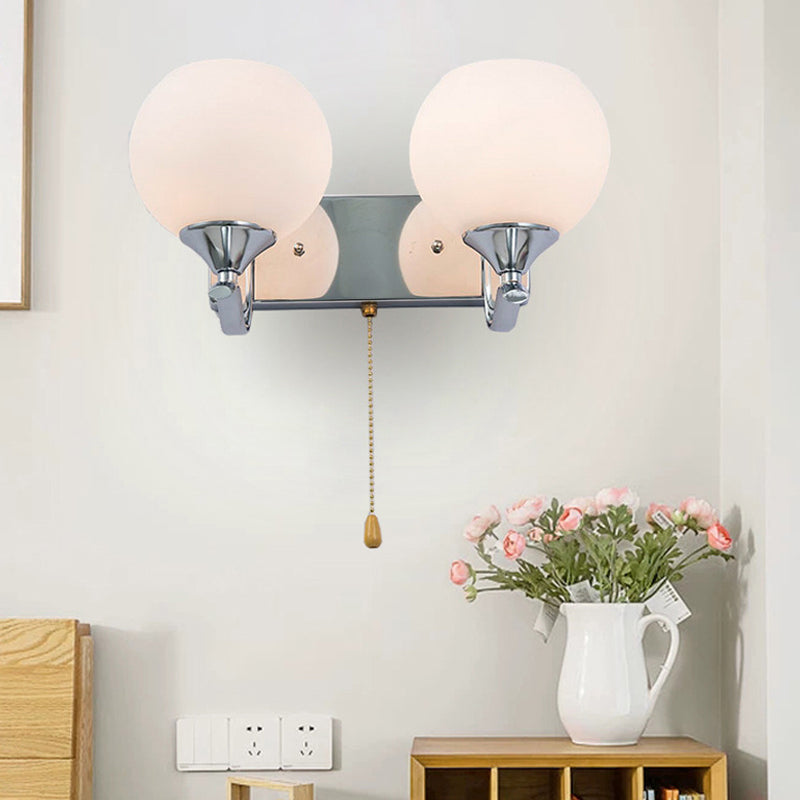 BowLift | Cream Glass Global Wall Mount Light Modern 2-Head Chrome Wall Sconce with Pull Chain