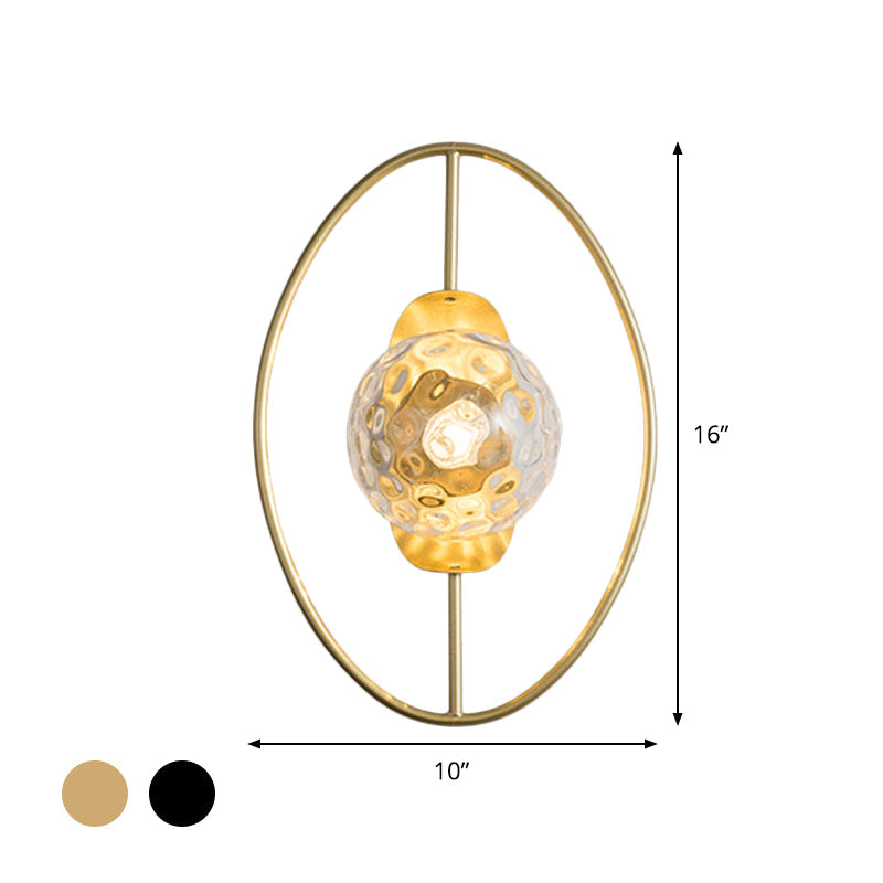BowLift | Clear Dimpled Glass Orb Wall Light Modern 1-Lamp Black/Gold Wall Lamp with Ring Detail