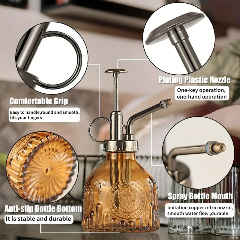 BowLift | Embossed glass bottle with metal nozzle – Plant sprayer for flower watering in vintage design