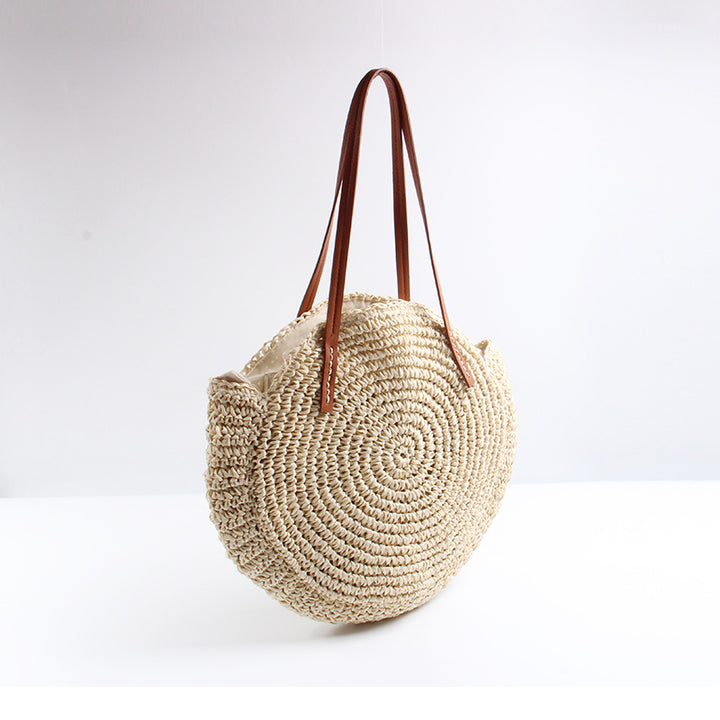Handcrafted Round Basket Bag with Short Leather Handles Bowlift