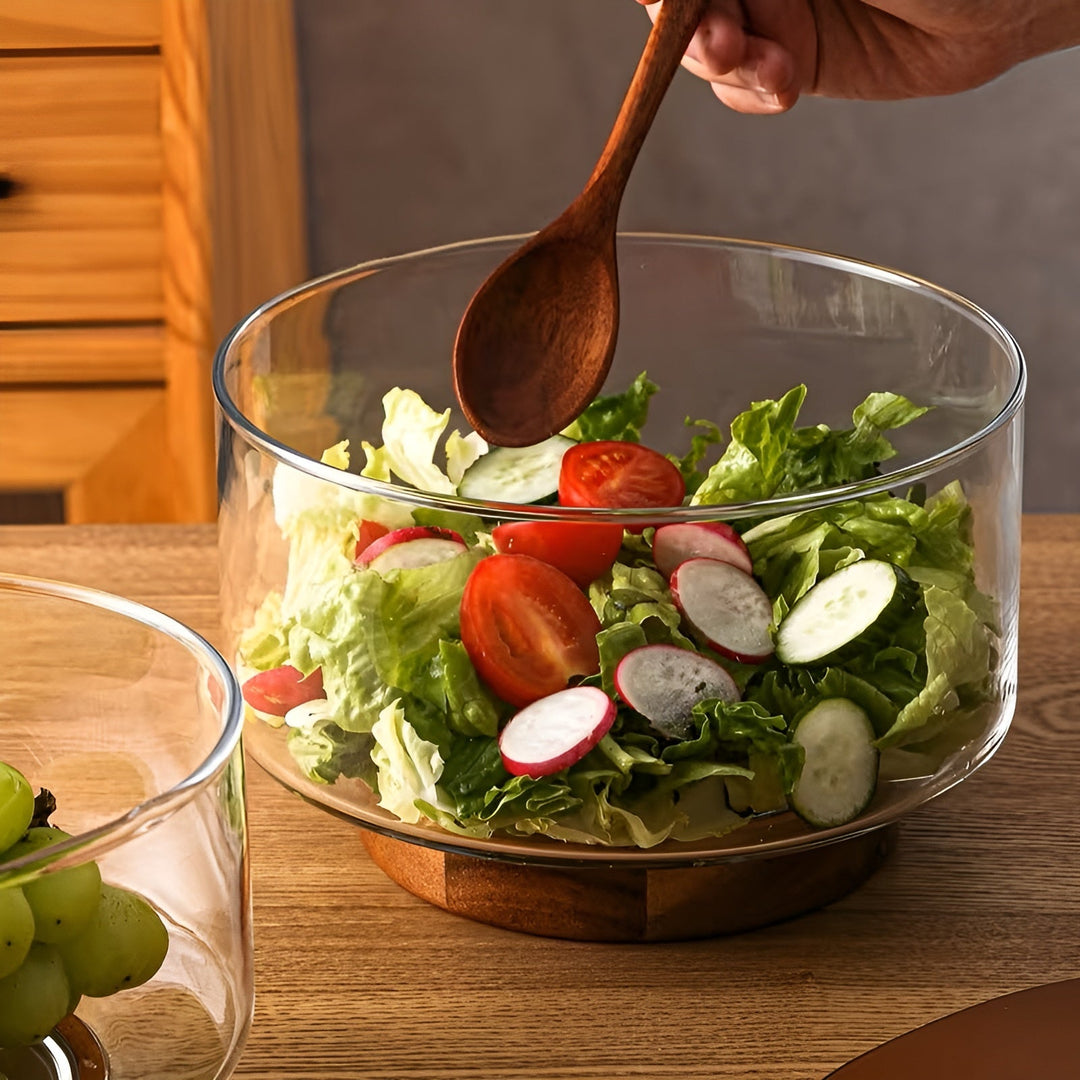 Glass bowl with wooden base – Elegant and decorative | Perfect for fruit, snacks, and salads in the kitchen | Bowlift