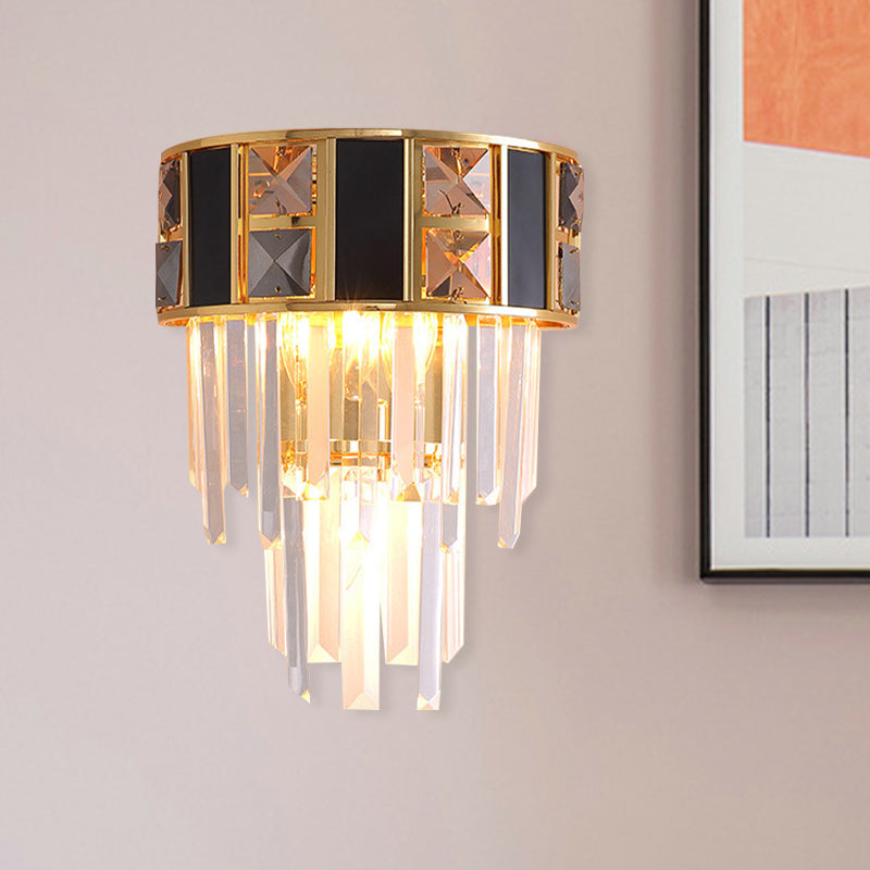 BowLift | Black and gold staggered wall light Simplicity Clear K9 crystals 3 heads living room wall light