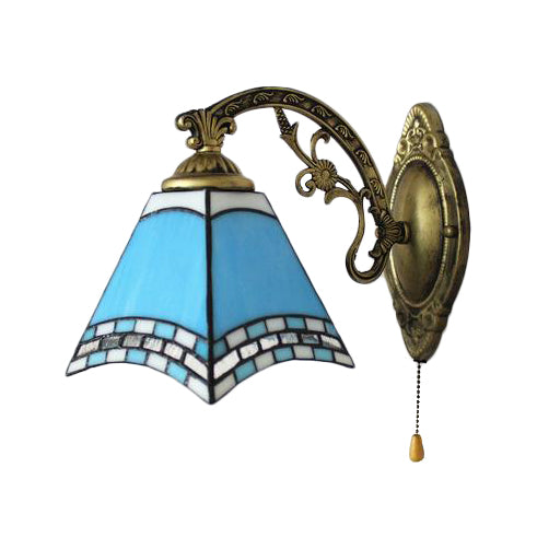 BowLift | Mediterranean Pyramid Wall Light blue glass 1 light wall mount light with pull chain