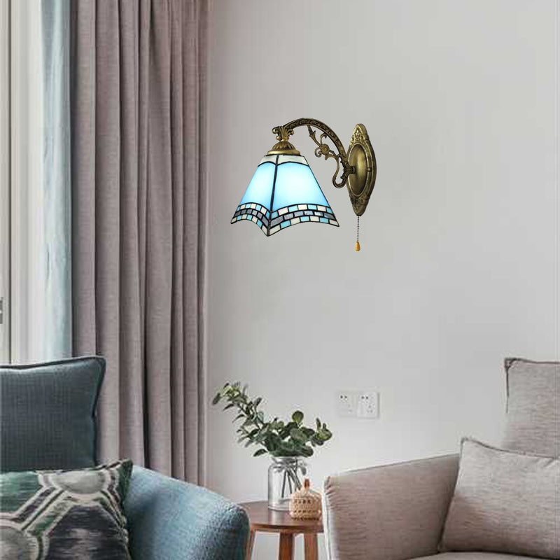 BowLift | Mediterranean Pyramid Wall Light blue glass 1 light wall mount light with pull chain