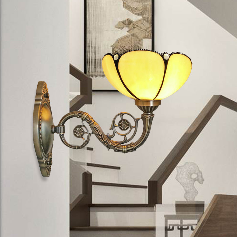 BowLift | Bronze 1 Light Wall Sconce Baroque Beige Colored Glass Fluted Wall Lamp with Curved Arm