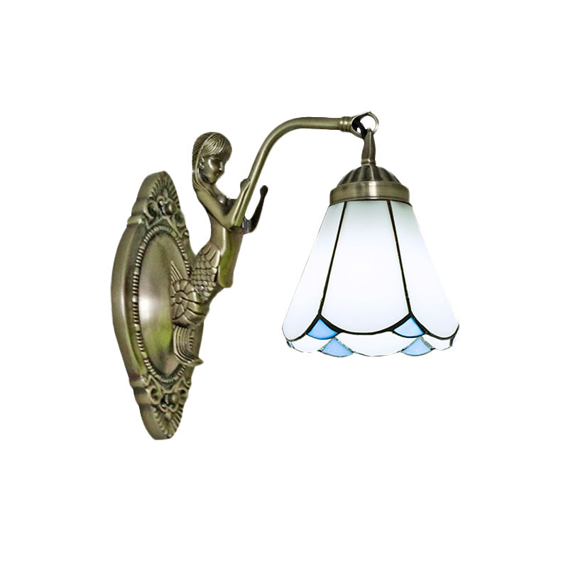 BowLift | 1 Head Cone-shaped Wall Sconces Lighting Mission White/Beige Glass Wall-mounted Light Set with Mermaid Backplate