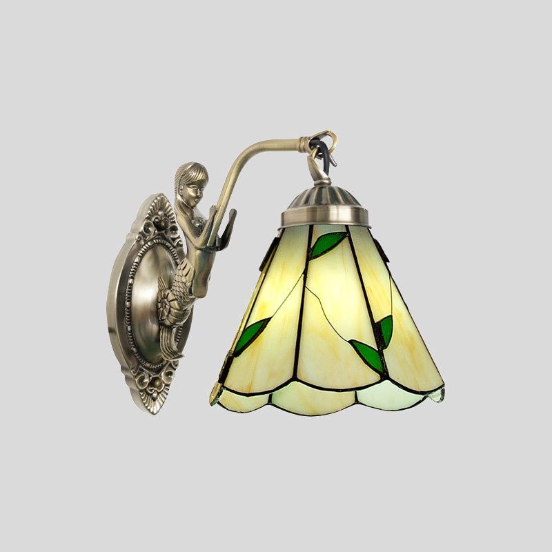 BowLift | 1 Head Cone-shaped Wall Sconces Lighting Mission White/Beige Glass Wall-mounted Light Set with Mermaid Backplate