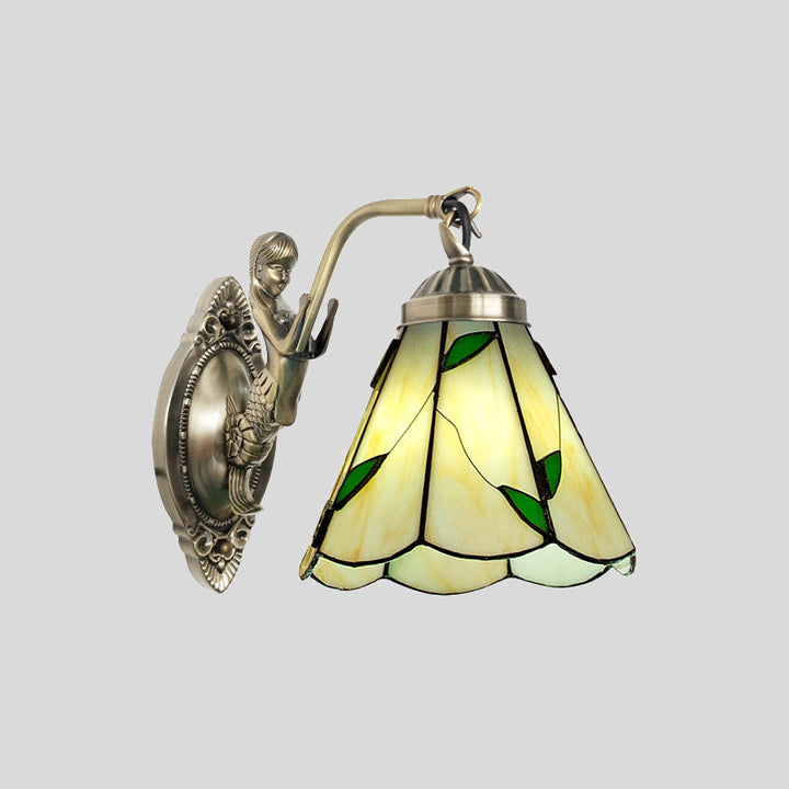 BowLift | 1 Head Cone-shaped Wall Sconces Lighting Mission White/Beige Glass Wall-mounted Light Set with Mermaid Backplate