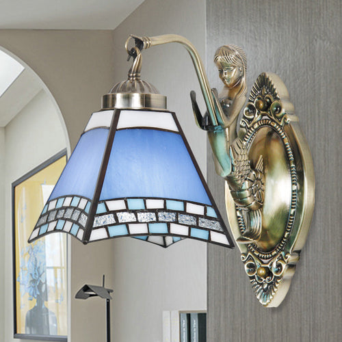 BowLift | Trapeze Wall Lamp Mission Blue Cut Glass 1-Light Bronze Wall Mount Lamp with Mermaid Arm