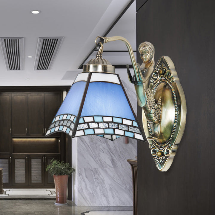 BowLift | Trapeze Wall Lamp Mission Blue Cut Glass 1-Light Bronze Wall Mount Lamp with Mermaid Arm
