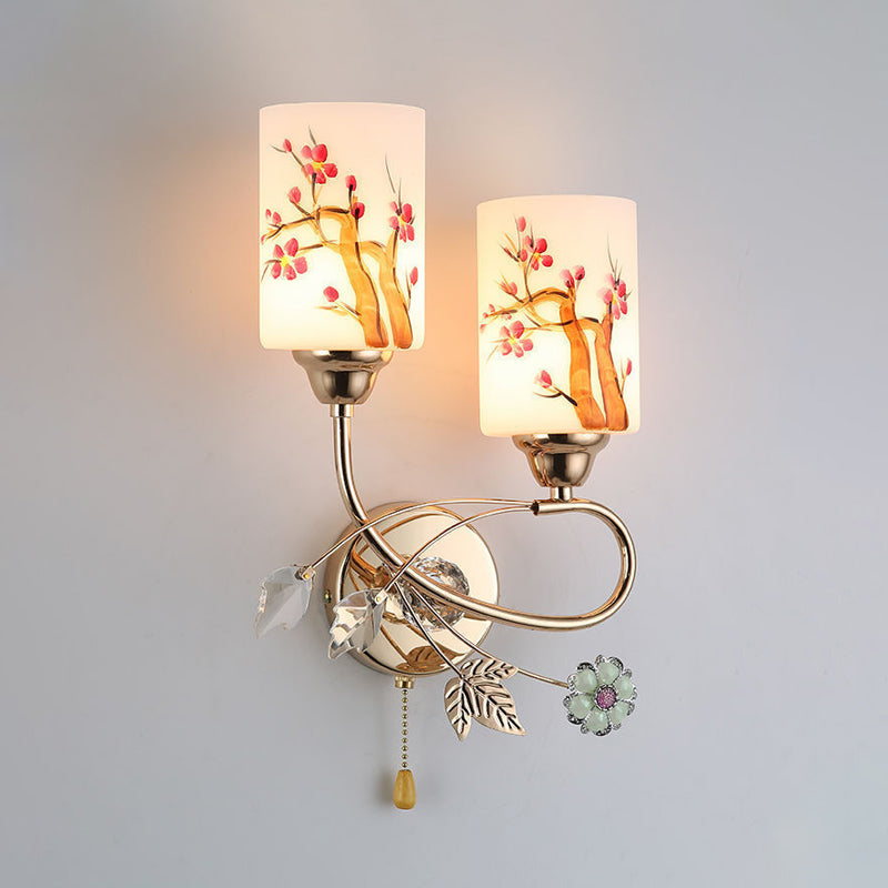 BowLift | Gold Finish Cylindrical Wall Light Idea Modern 1/2-Head Painted Cream Glass Wall Lamp with Pull Chain