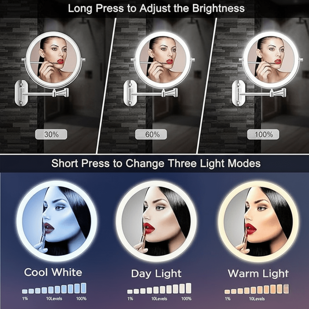 BowLift | LED magnifying mirror with adjustable lighting and rechargeable battery