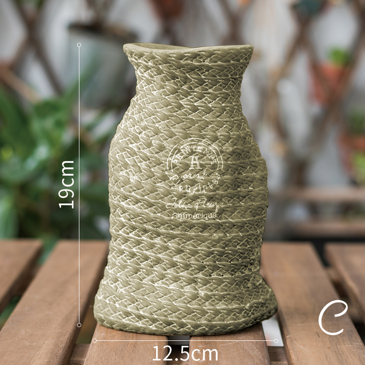 BowLift | Ceramic Plant Pot in Hemp Bag Design with Rope Handles – Decorative Flower Pot for Garden and Home