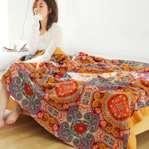 Sunrise Boho Reversible Blanket, 100% Cotton Cooling Quilt | Bowlift