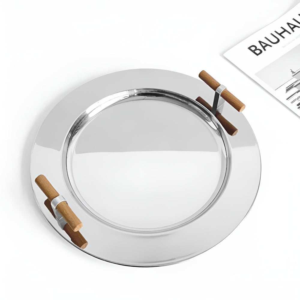 BowLift | Elegant Stainless Steel Round Tray with Wooden Handles