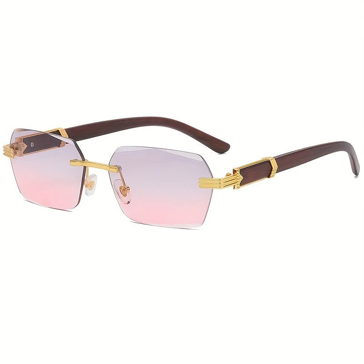 Rimless Sunglasses with Rectangular Lenses and Faux Wood Temples – Verro | Bowlift