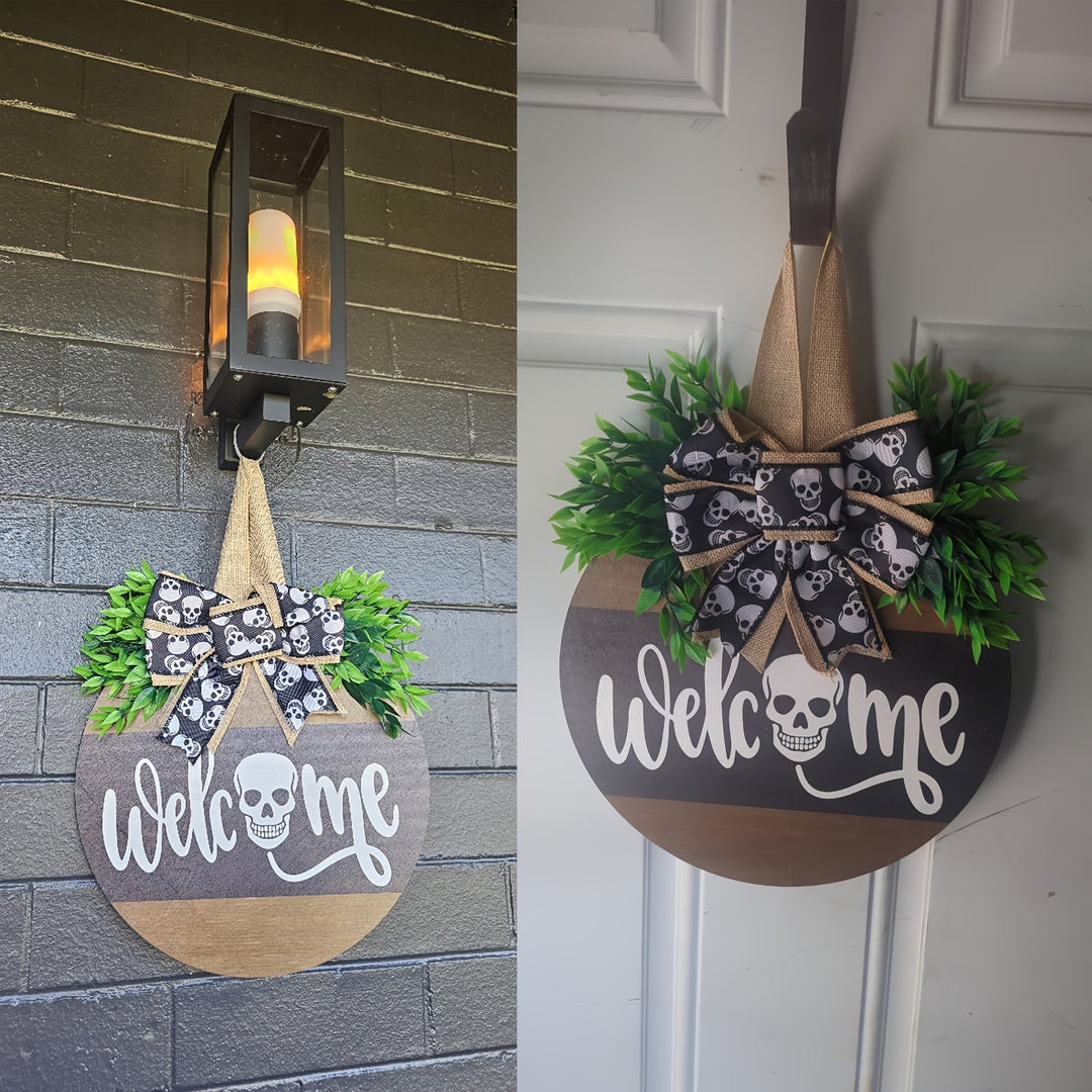 BowLift | Halloween Spooky Skull Front Door Wreath | Rustic Welcome Sign