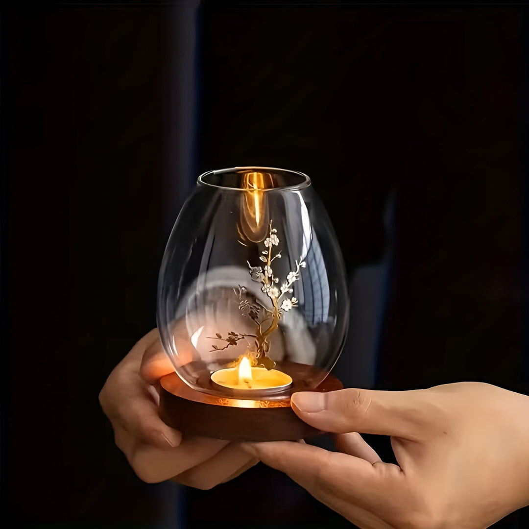 2-piece set glass candle holders with wooden base - decorative in retro zen style | perfect for living room, taBowlifte decoration and outdoor | Bowlift