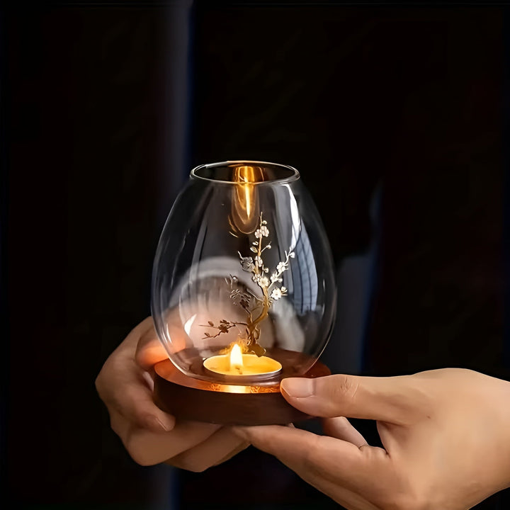2-piece set glass candle holders with wooden base - decorative in retro zen style | perfect for living room, taBowlifte decoration and outdoor | Bowlift
