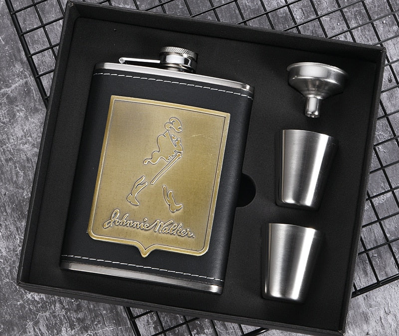 BowLift | 8oz Whisky Bottle made of Stainless Steel Alcohol Funnel Hip Flask Embroidered Golden Silk Fabric Packaging Gift Box Set