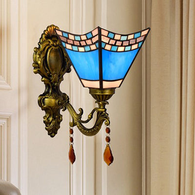 BowLift | Mediterranean Mini Wall Light Blue Glass 1 Light Wall Lamp for Foyer
