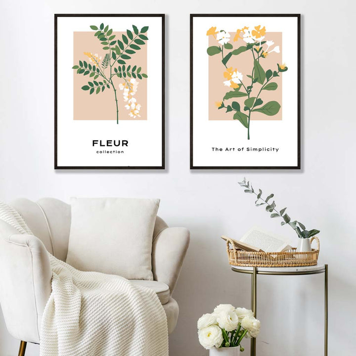 Beige and green wildflower set of 2 art prints | Bowlift