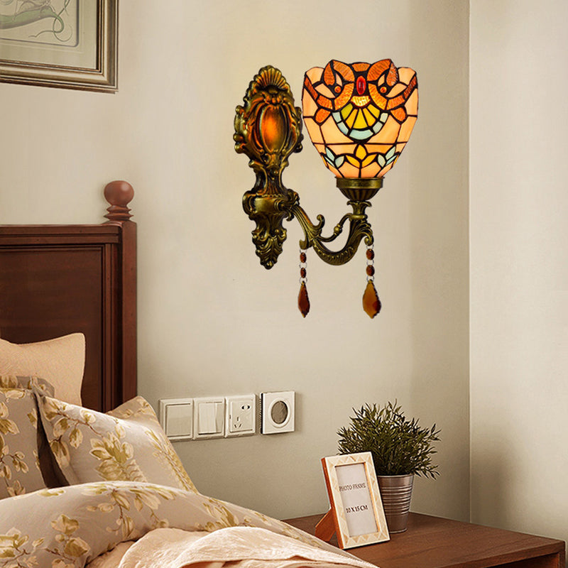 BowLift | Victorian Bowl Wall Lighting with Crystal Decoration Stained Glass 1 Light Wall Mount Light