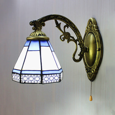 BowLift | Vintage Cone Wall Light with Pull Switch Fluted Glass 1 Light Wall Lamp in Blue for Bedroom