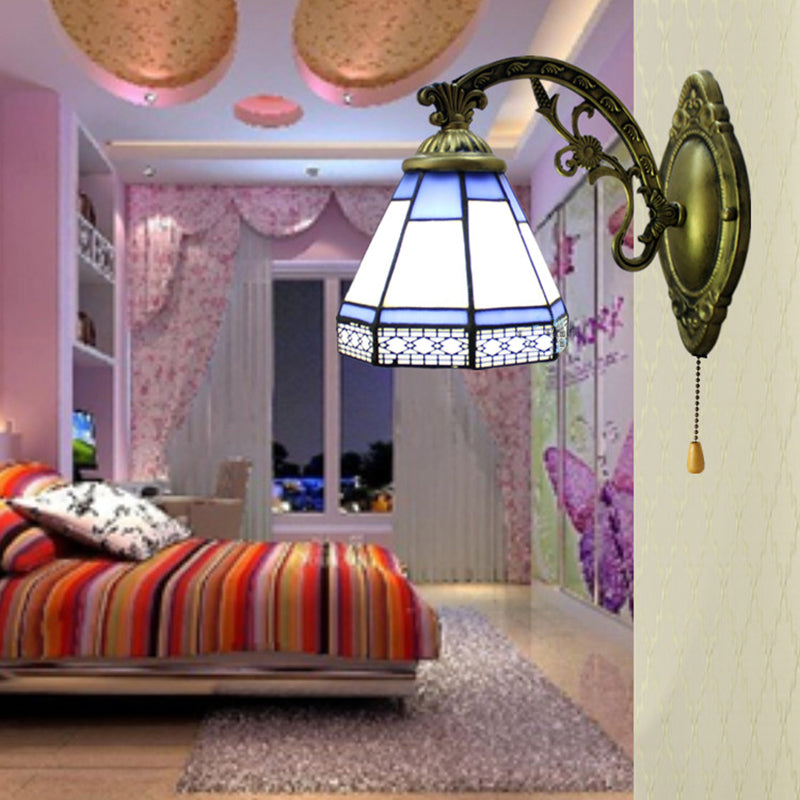 BowLift | Vintage Cone Wall Light with Pull Switch Fluted Glass 1 Light Wall Lamp in Blue for Bedroom