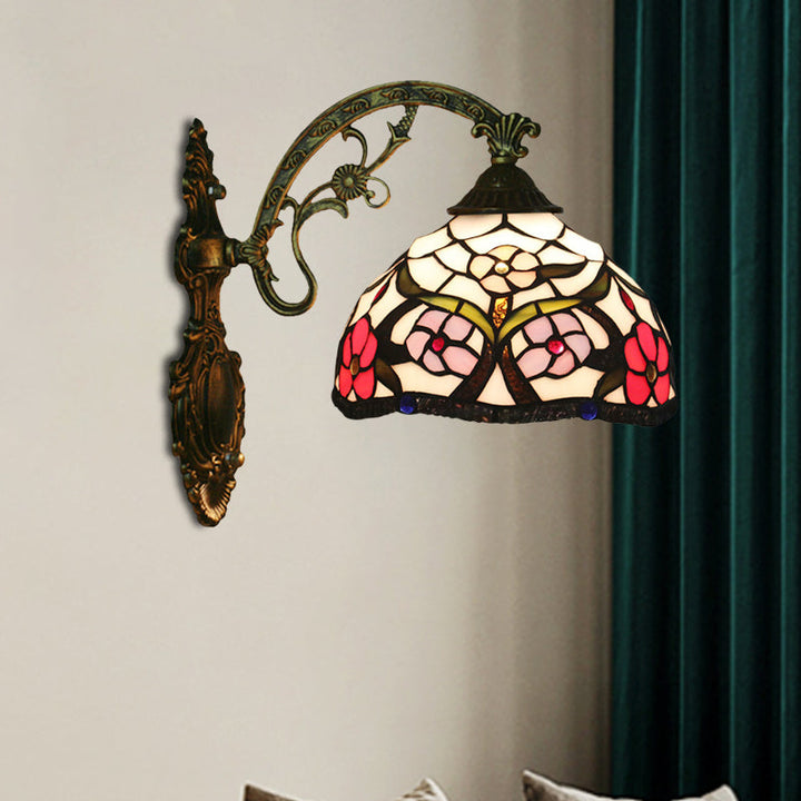 BowLift | Bronze 1-Light Wall Lighting Fixture Tiffany Cut Glass Peony Pattern Bowl Wall Mount Light