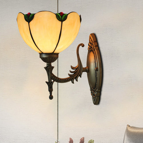 BowLift | Beige Glass Bud Wall Lamp Vintage 1 Head Brass Finish Wall Light Fixture for Bedroom