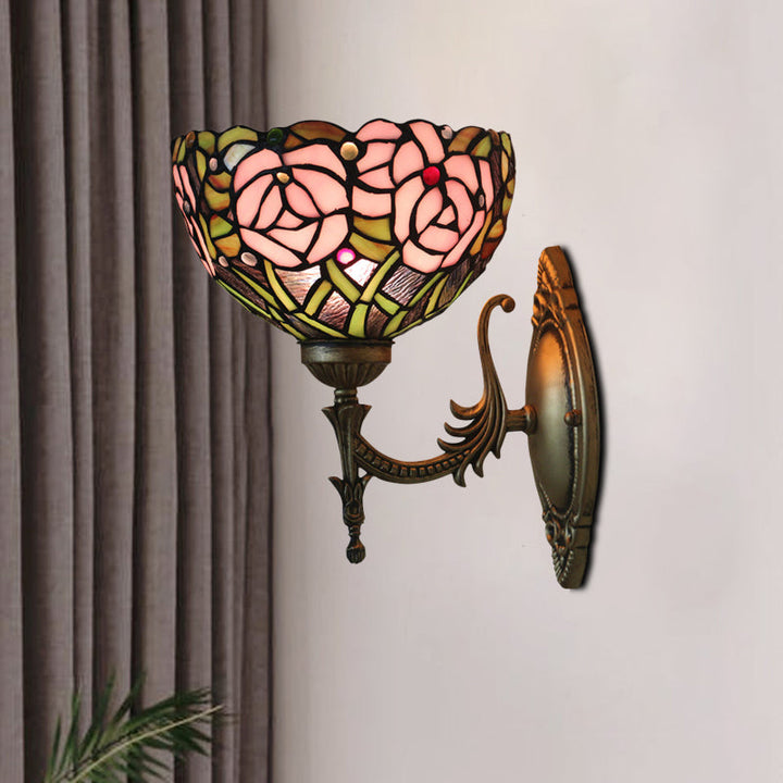 BowLift | Pink Wall Mounted Lighting Tiffany 1 Lamp Glazed Glass Wall Lamp with Bronze Engraved Arm