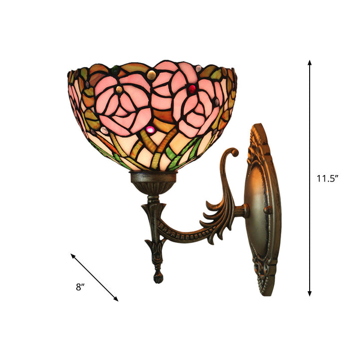 BowLift | Pink Wall Mounted Lighting Tiffany 1 Lamp Glazed Glass Wall Lamp with Bronze Engraved Arm
