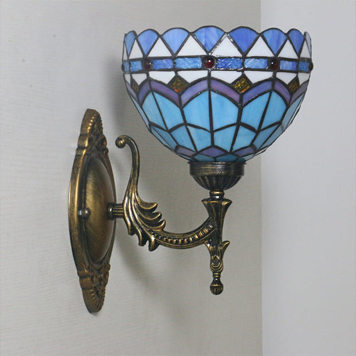 BowLift | 1-Light Bedroom Wall Light Mediterranean Bronze Wall Sconce Fixture with Bowl Blue Glass Shade