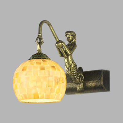 BowLift | Globe Wall Mount Light Tiffany Beige/Beige-Red Shell 1 Head Bathroom Wall Lamp Fixture with Mermaid Decoration
