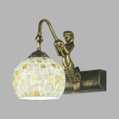 BowLift | Globe Wall Mount Light Tiffany Beige/Beige-Red Shell 1 Head Bathroom Wall Lamp Fixture with Mermaid Decoration
