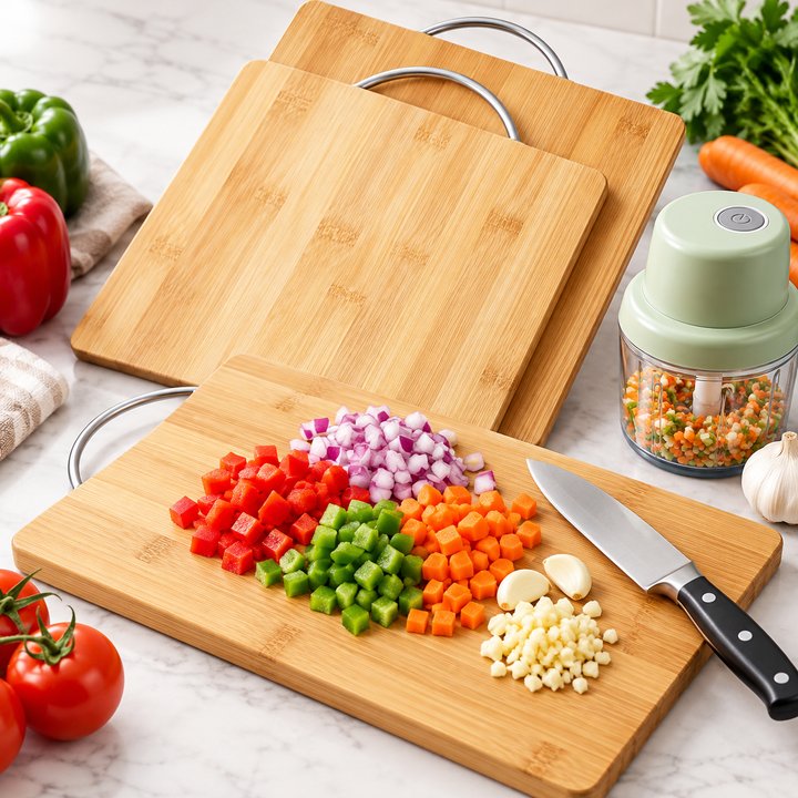 Rectangular Bamboo Cutting and Serving Board with Integrated Stainless Steel Handle Bowlift