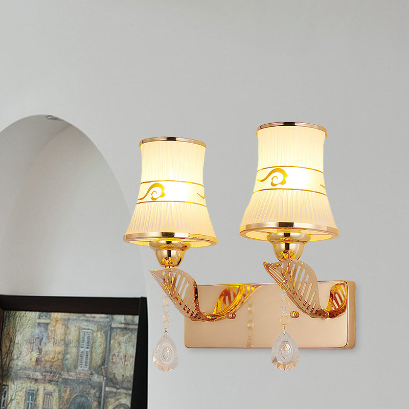 BowLift | Flared Ribbed Glass Wall Sconce Light Traditional 2-Bulb Dining Room Wall-Mounted Fixture in Gold